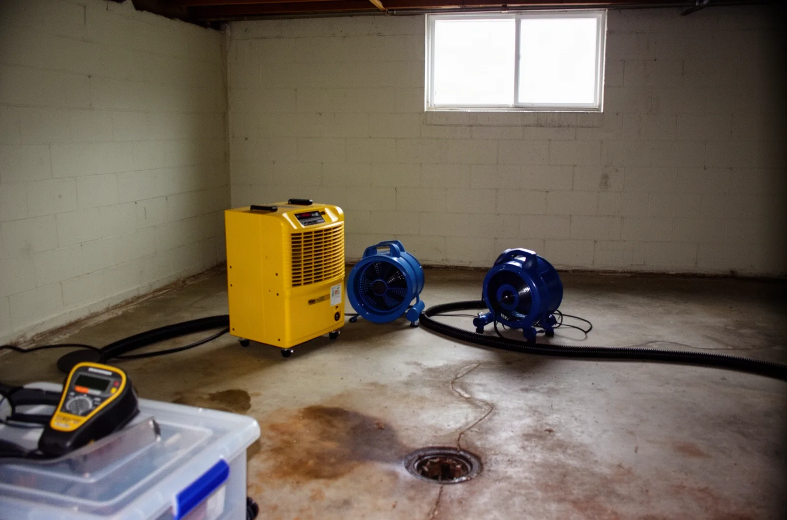 Drying equipment and a dehumidifier set up in a residential basement