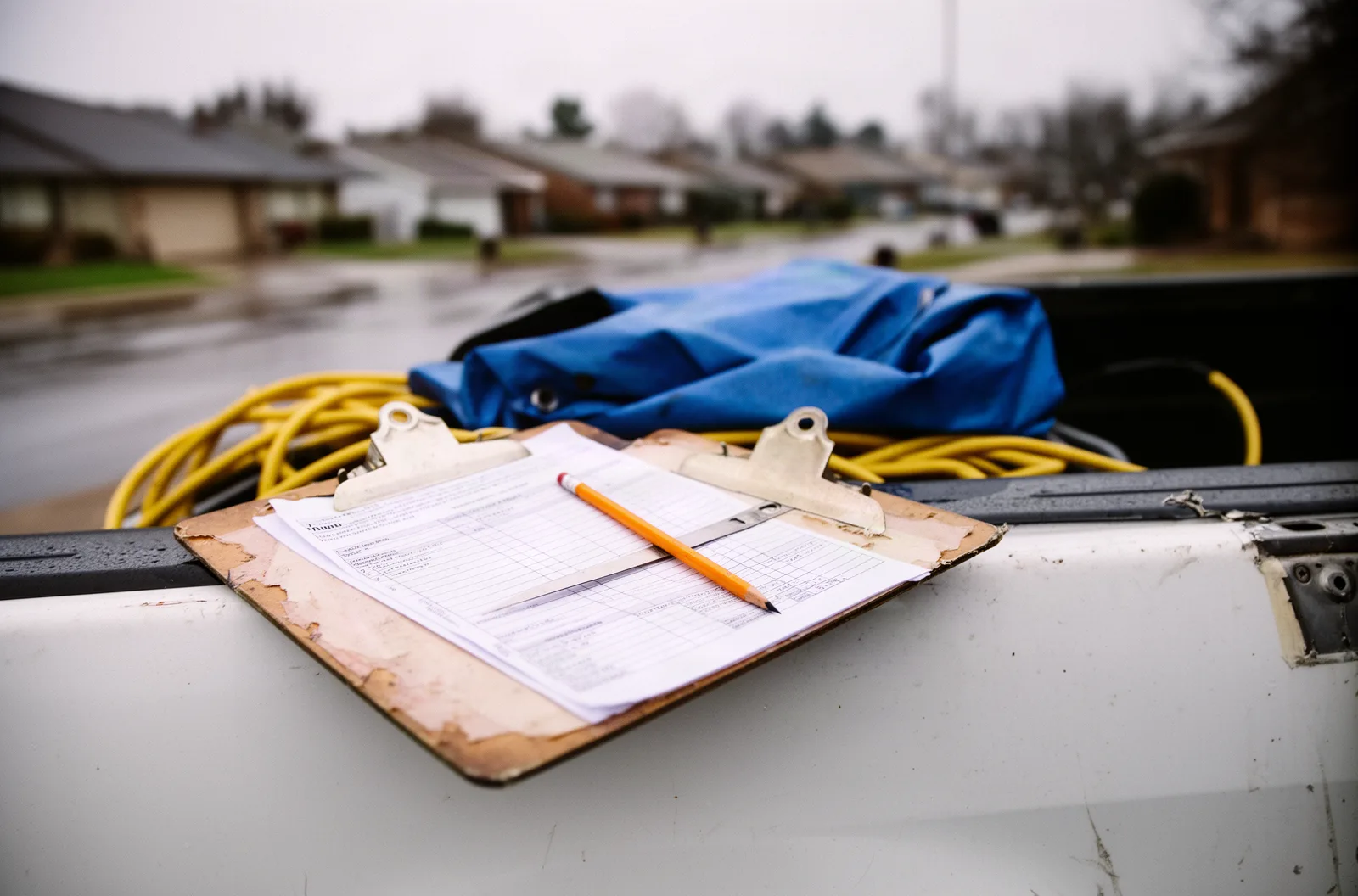 A clipboard with a work form on a pickup tailgate near a residential street