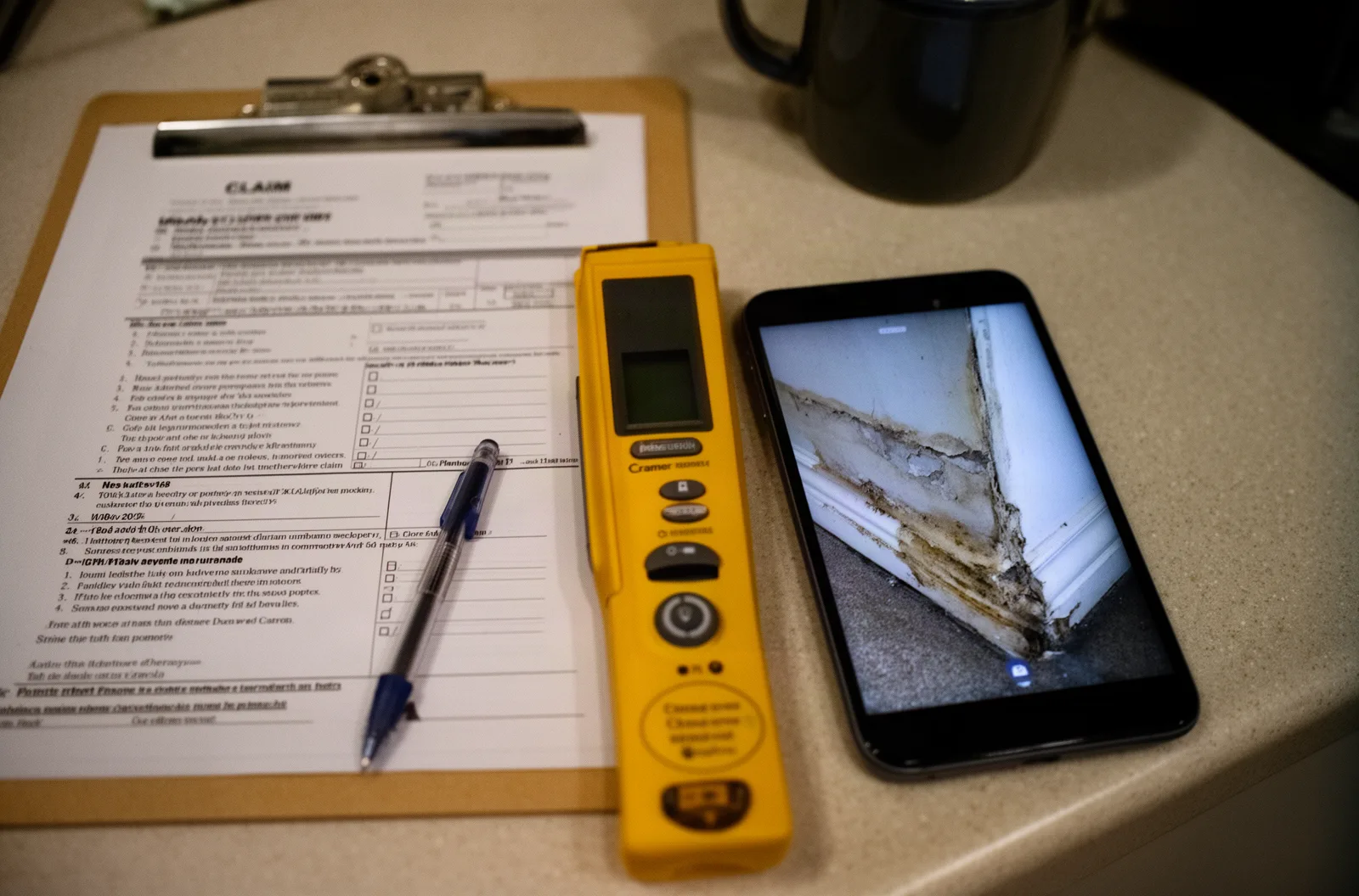 A clipboard with a claim form, a moisture meter, and a phone photo of water damage on a kitchen counter