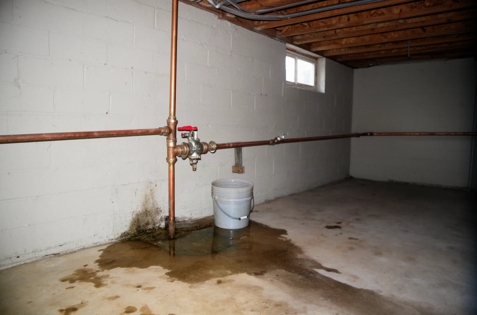 A red-handled shutoff valve on a copper water main entering a basement wall, with water pooled on the floor