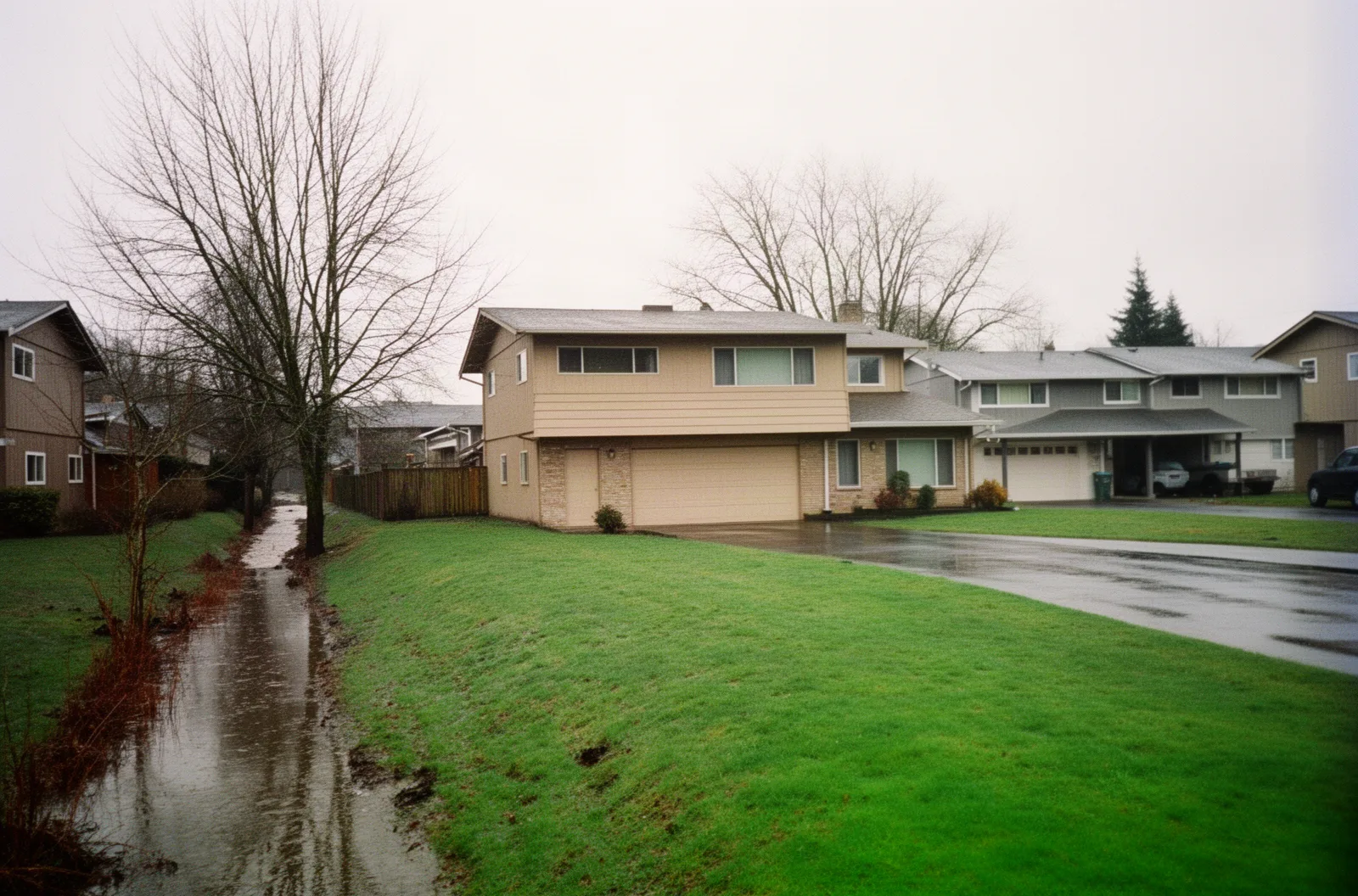 A split-level house with a flooded drainage ditch along its lot line